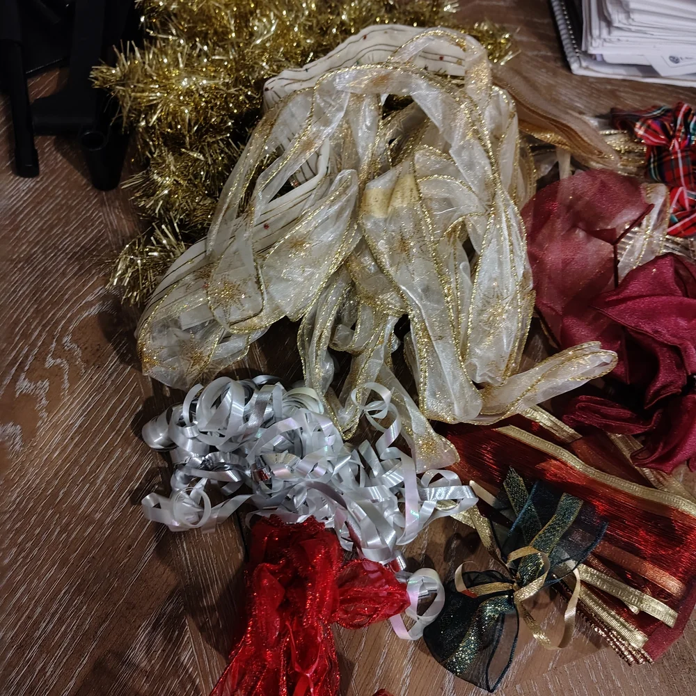 Assorted Decorative Ribbons in Gold, Silver, and Red